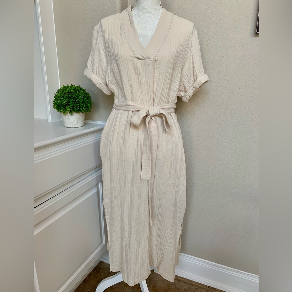 Magaschoni Organic Cotton Gauze V-neck Midi Dress Belt Side Slit Women’s Medium